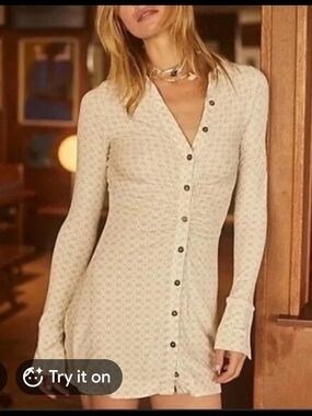 Free People Cream Button-Front Long Sleeve Mini Dress Size Large